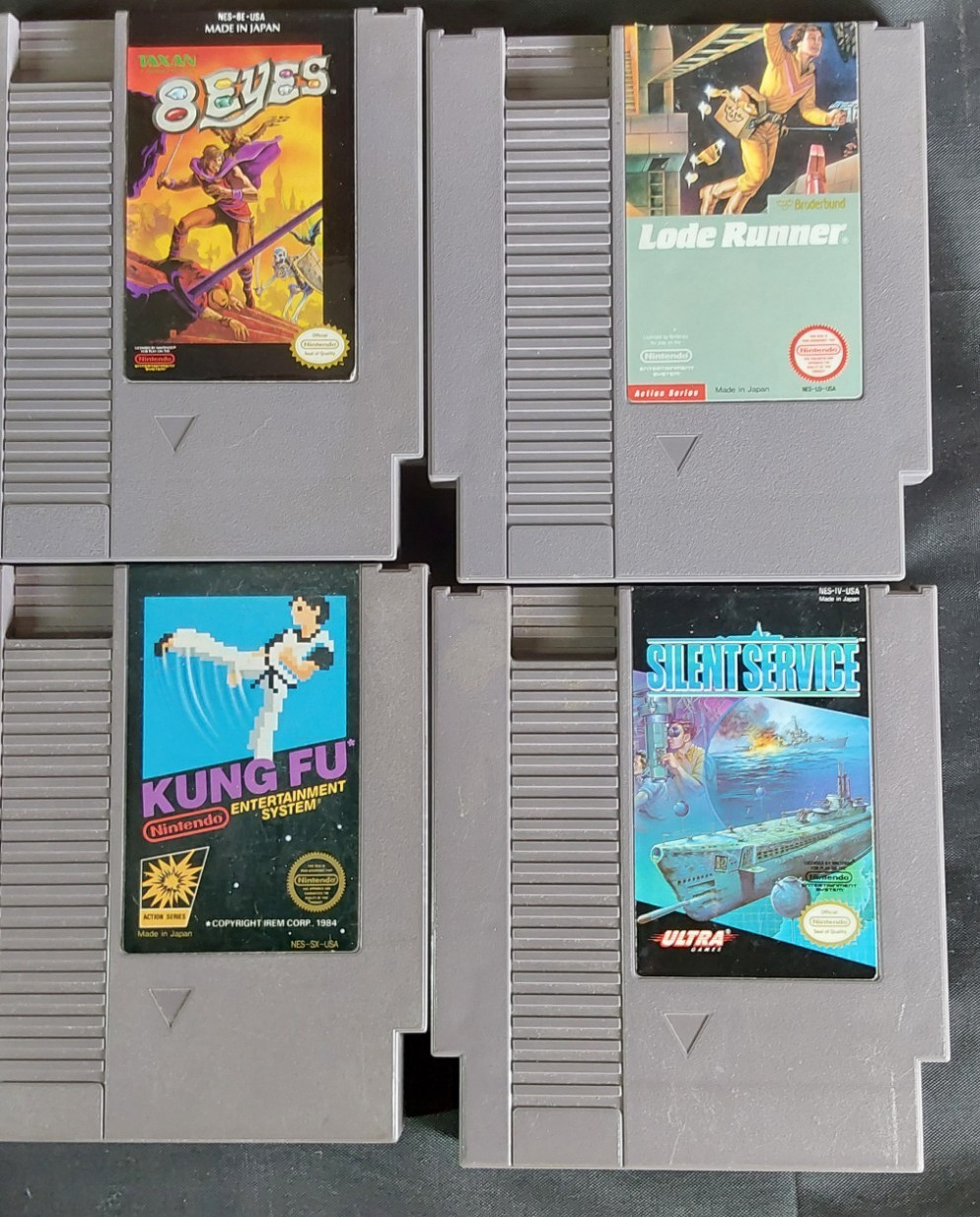 Nintendo NES 4 Game Lot: 8 Eyes, Lode Runner, Kung Fu, Silent Service