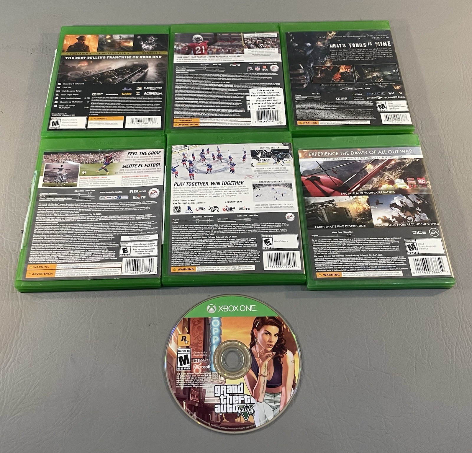 Microsoft Xbox 1-Games:GFAuto,Fifa15,NHL16,Madden,Battlefield1,CallofDuty,Thief