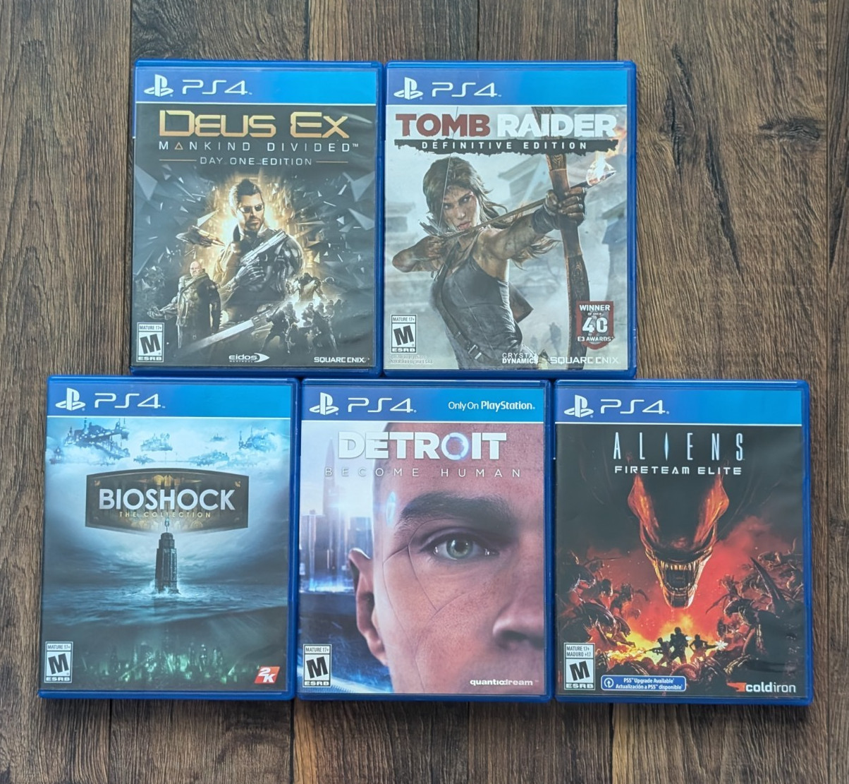 5 Game Lot – Detroit Bioshock Aliens Deus Ex Tomb Raider – PS4 PlayStation 4