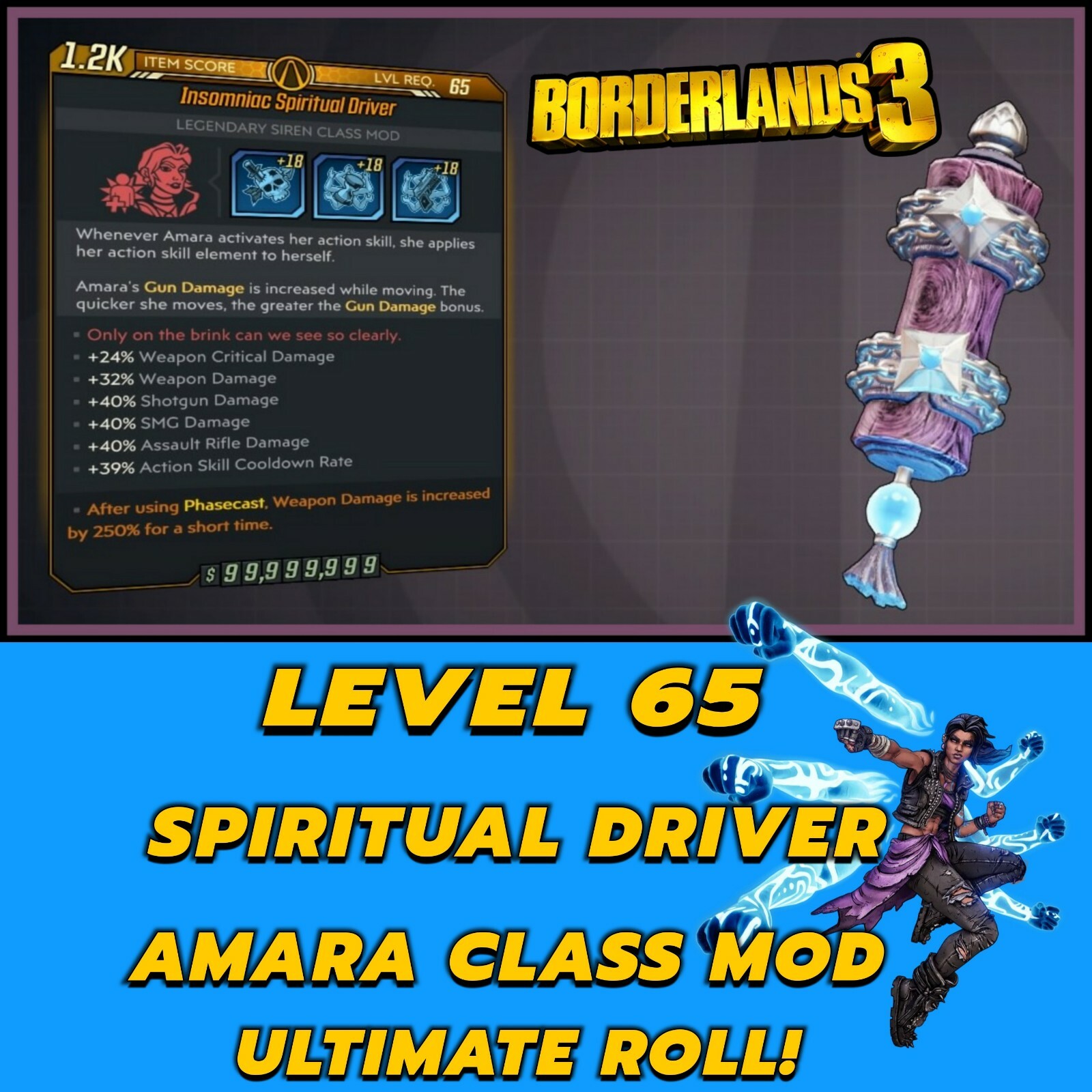 All Platforms Borderlands 3 Modded Spiritual Driver Amara Class Mod Level 72