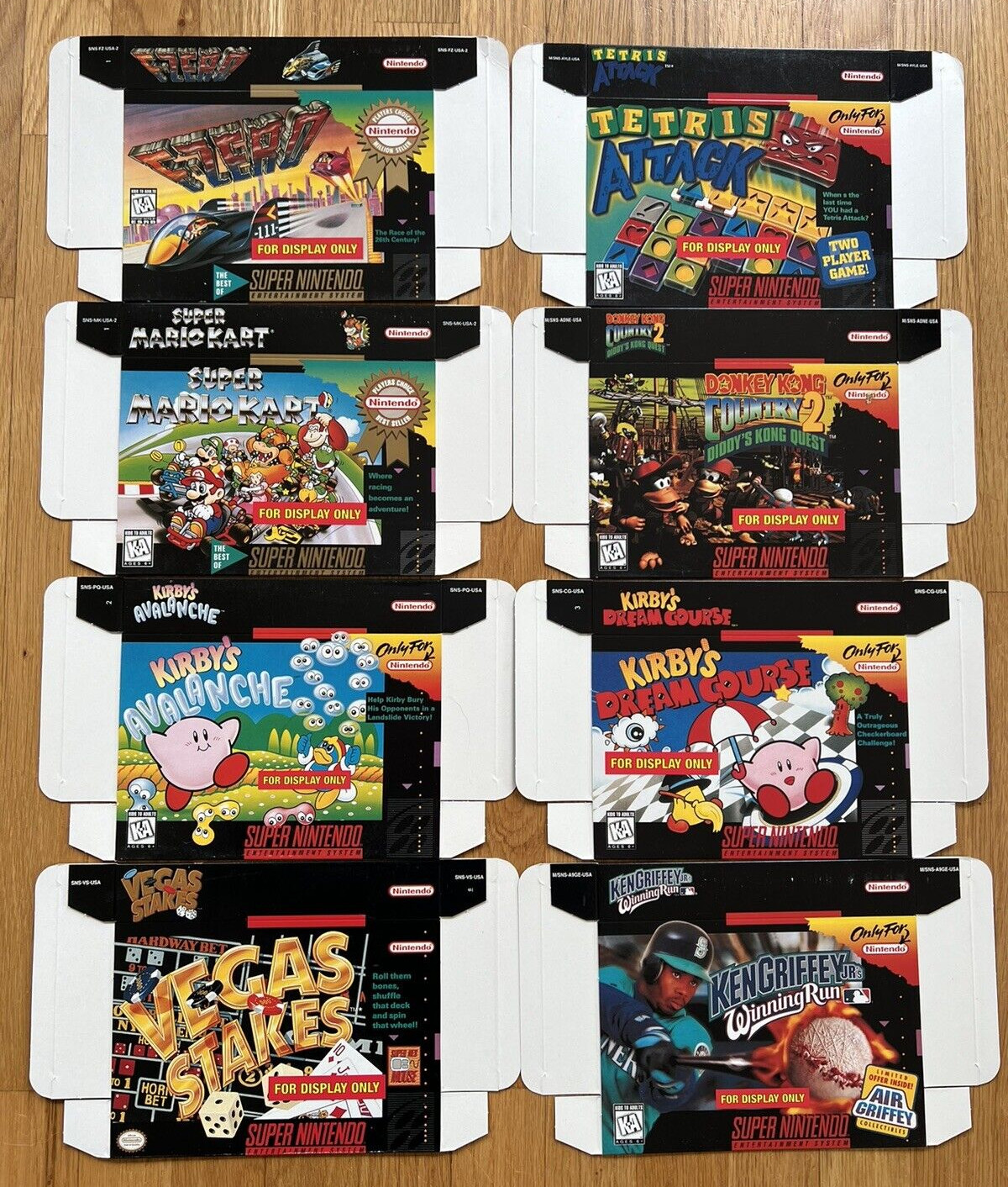 8 SNES NFR Box Lot: Mario Kart, Donkey Kong Country 2, F-Zero, Griffey, Kirby x2