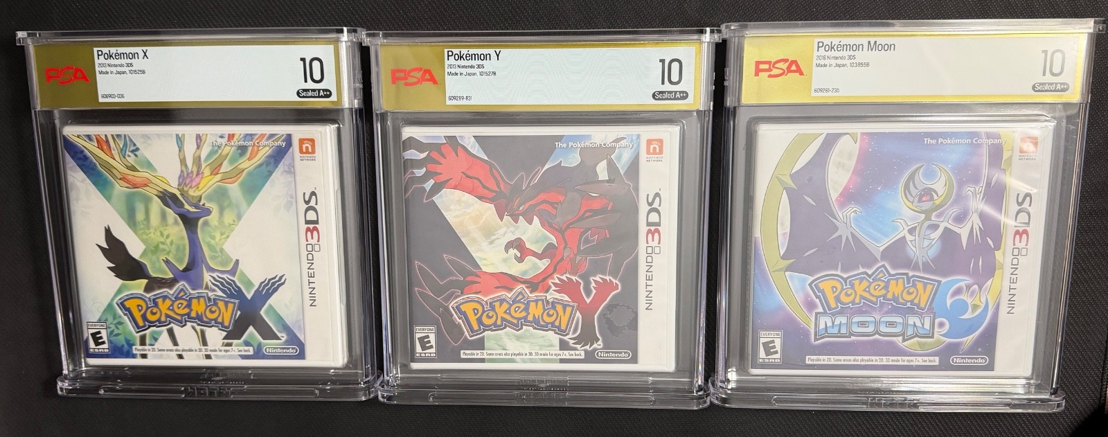 PSA Graded Pokémon 3DS Game Lot of 3 – Sealed X , Y, & Moon Gold Label 10