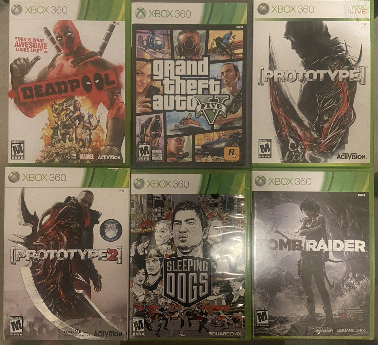 Lot Of 6 XBox 360 Games Deadpool GTA V Prototype Sleeping Dogs Tomb Raider VG
