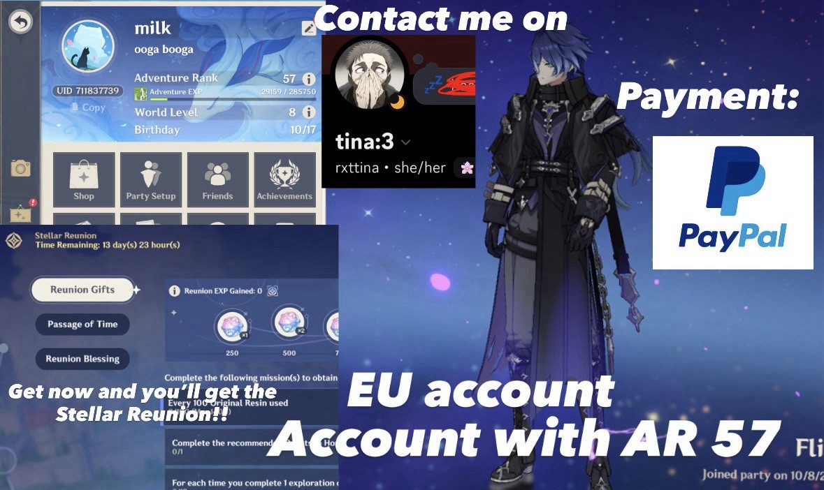 Genshin Impact AR 57 Europe -Raiden – Flins -Mizuki -Mavuika -Furina