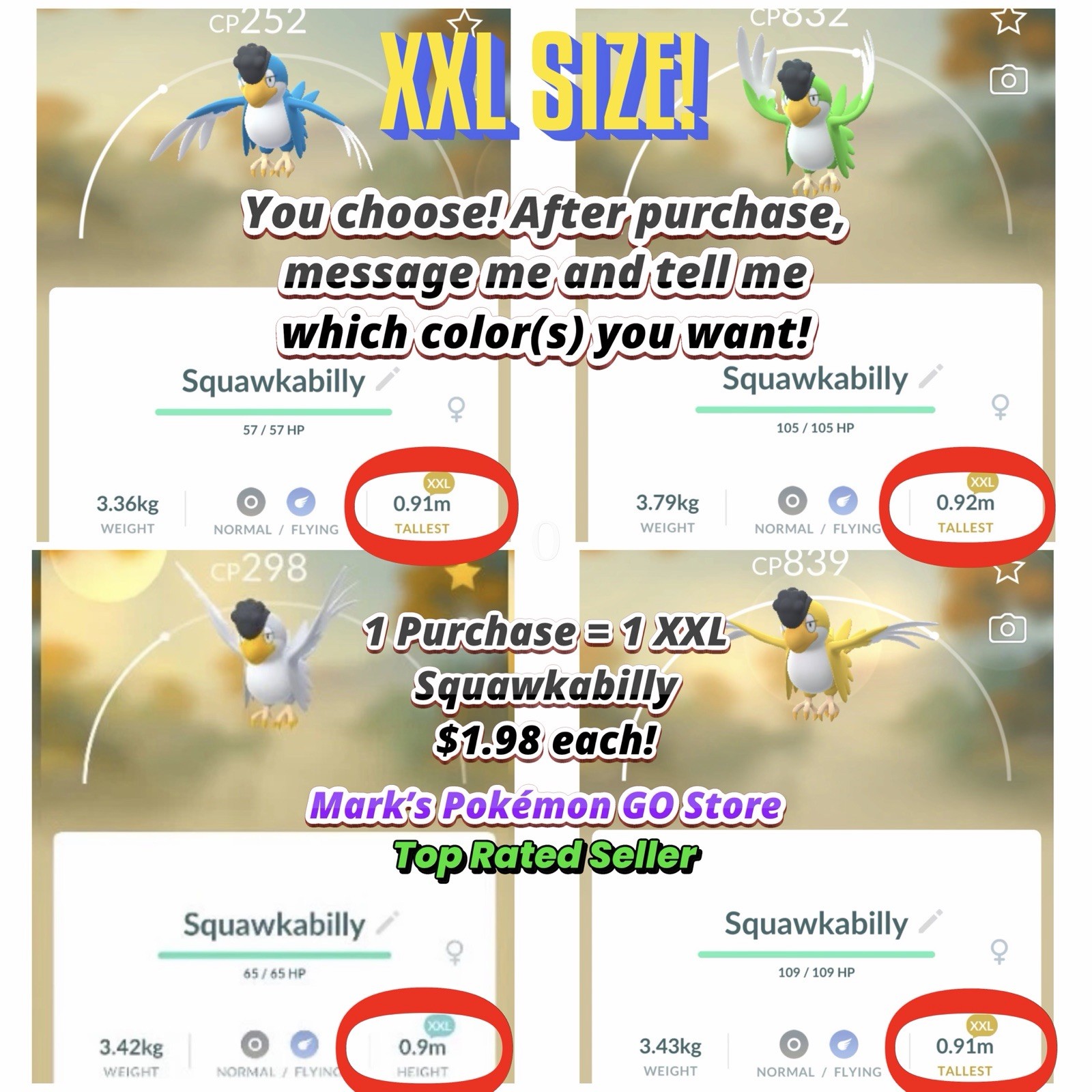 Pokémon✨XXL Squawkabilly (Yellow, White, Blue, or Green)✨TRA-DE✨Go