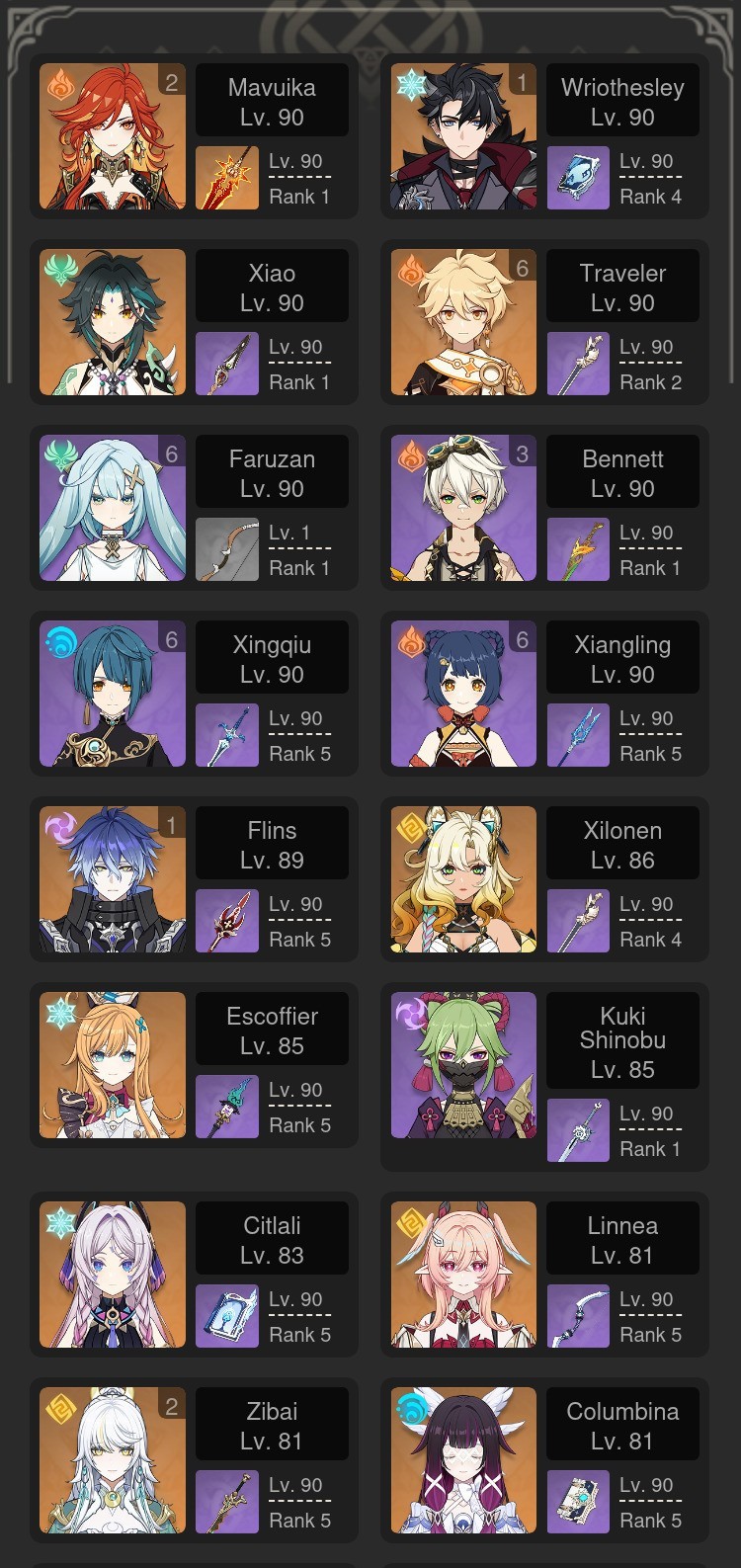 Genshin Impact Account NA AR60 Zibai C2 Columbina Linnea Flins Mavuika C2R1