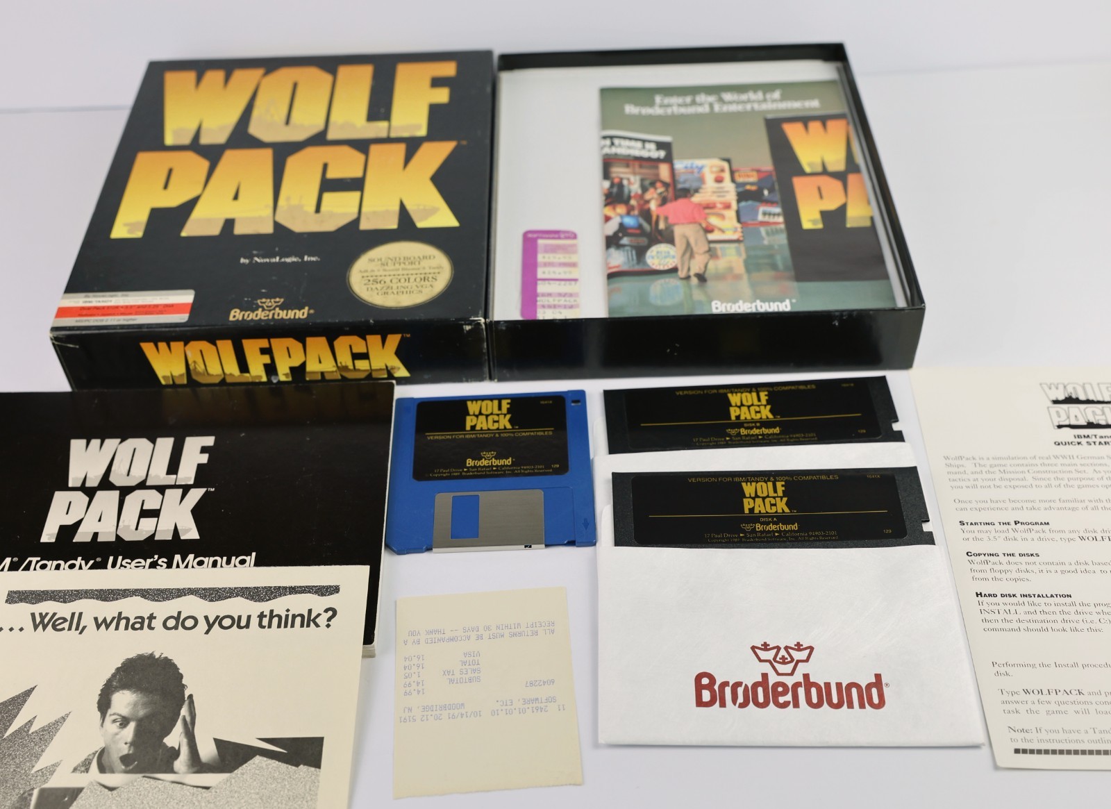 VINTAGE WolfPack PC Big Box COMPLETE – 1990 Brøderbund – 3.5″ & 5.25″ Disks