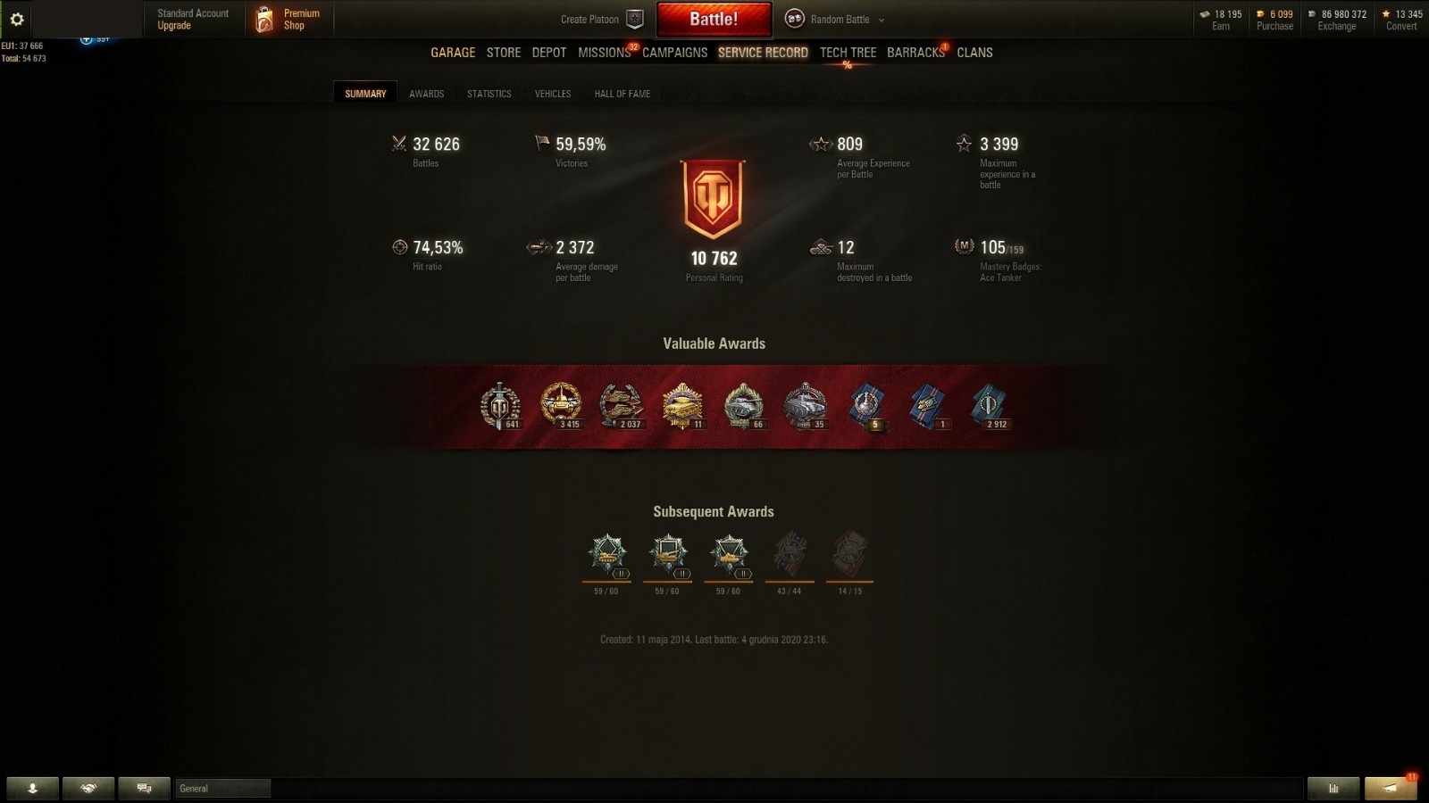 World Of Tanks Account EU 3300+ WN8 / 26 TIER Xs / 279,907,CHIEF