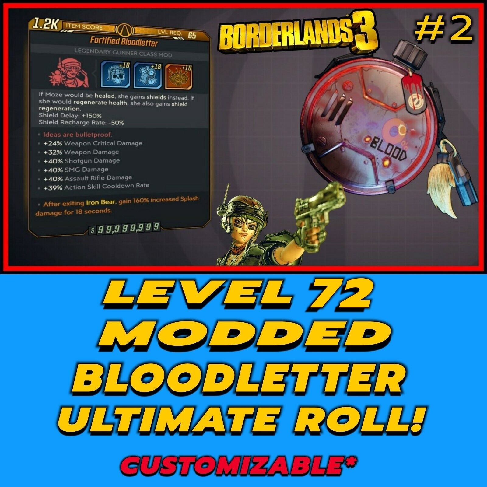 All Platforms Borderlands 3 Bloodletter Modded Class Mod Level 72 Moze God Roll!