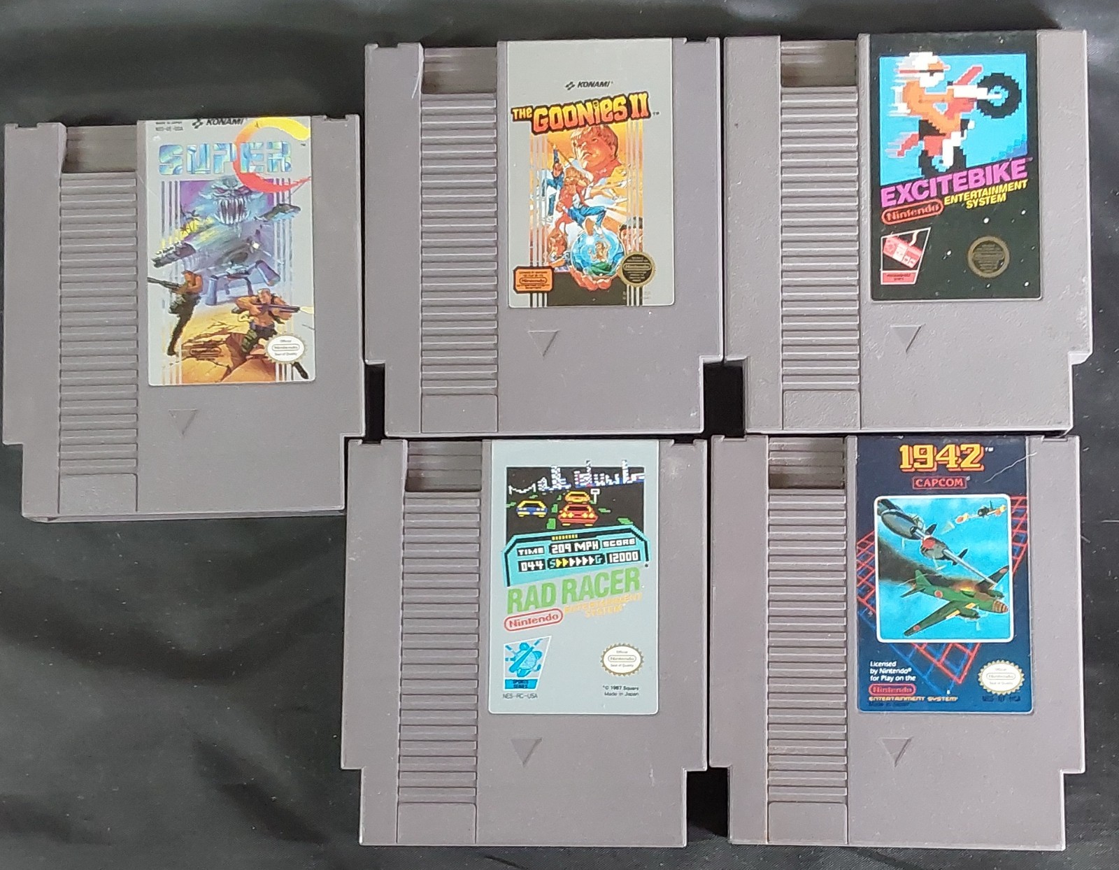 Nintendo NES Game Lot: Super C, The Goonies II, Excitebike, Rad Racer, 1942