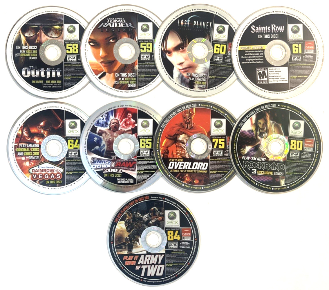 9 Xbox 360 Demo Disc Lot Tomb Raider WWE Saints Row Rock Band Collectible
