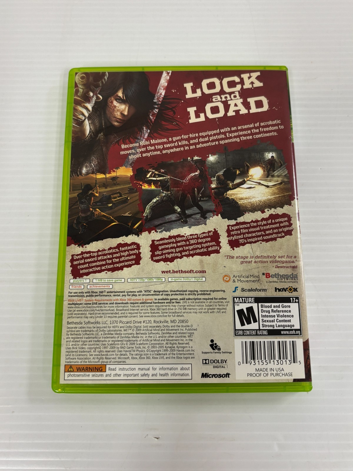 WET MICROSOFT XBOX 360 VIDEO GAME COMPLETE W/ MANUAL TESTED BETHESDA