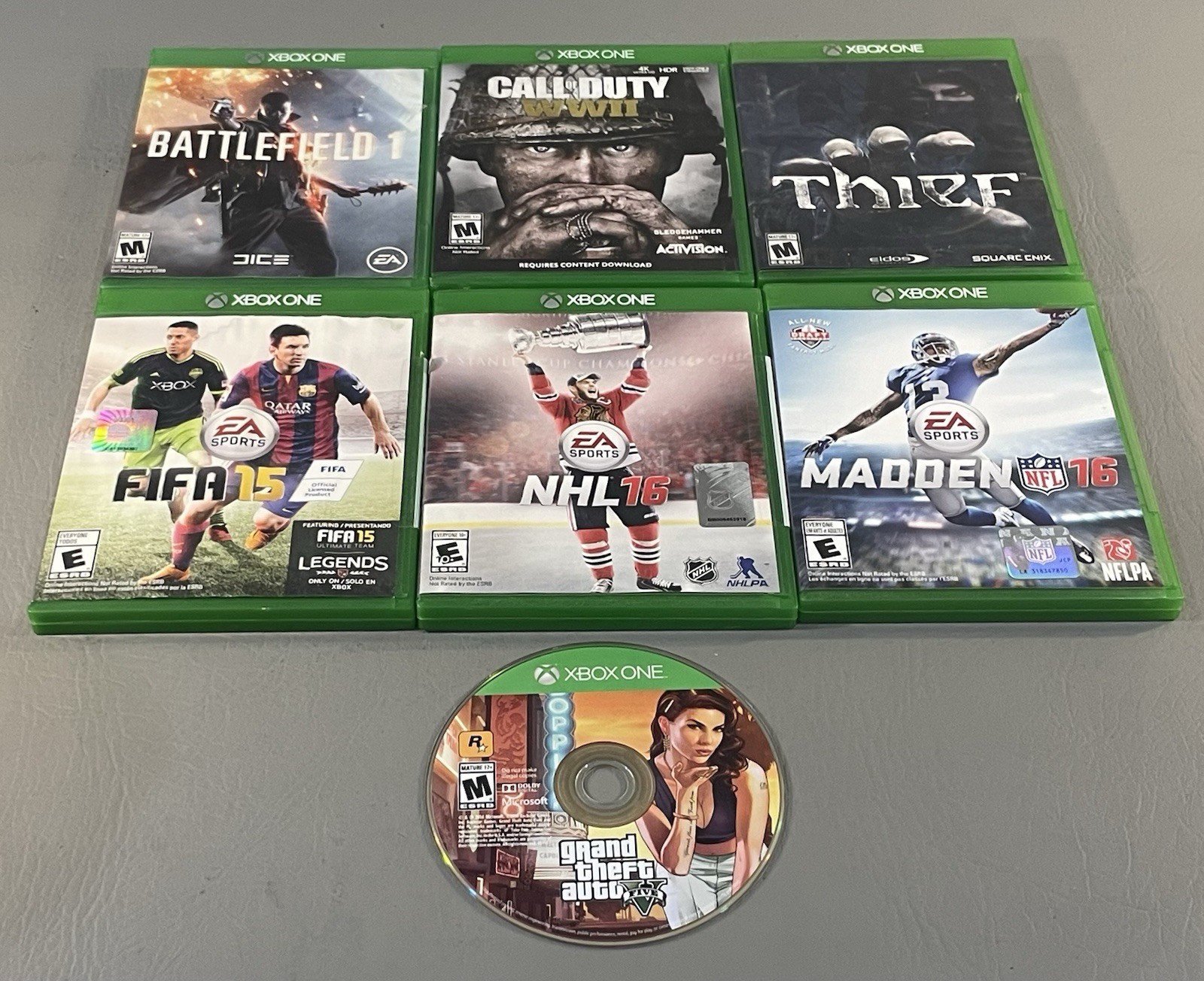 Microsoft Xbox 1-Games:GFAuto,Fifa15,NHL16,Madden,Battlefield1,CallofDuty,Thief
