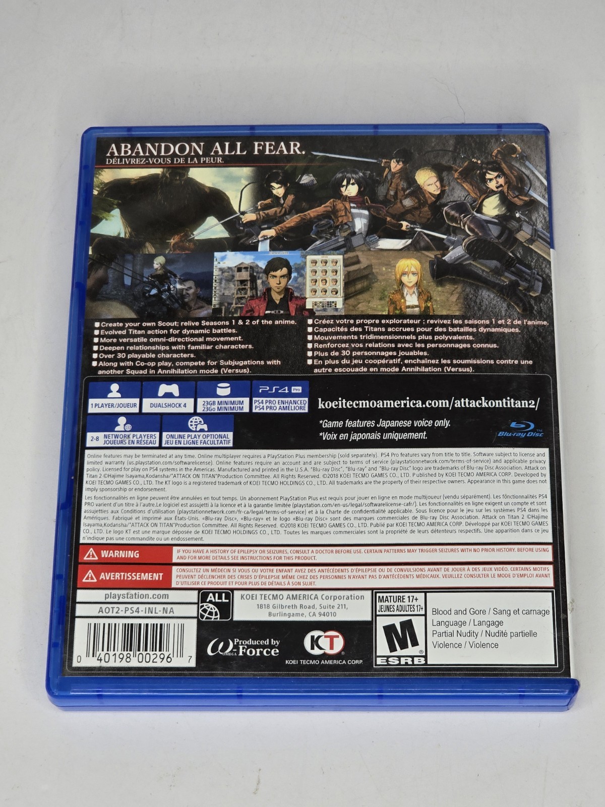 Attack on Titan 2 (Sony PlayStation 4 PS4, 2018) Cib Complete Tested & Working