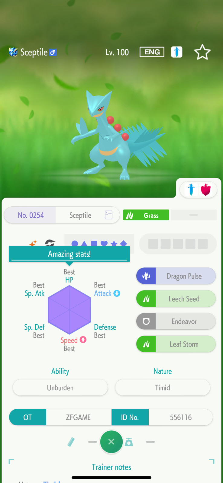 ✨6IV SHINY Sceptile + EVS🚀 POKEMON HOME✨Champions✨Online delivery⚡