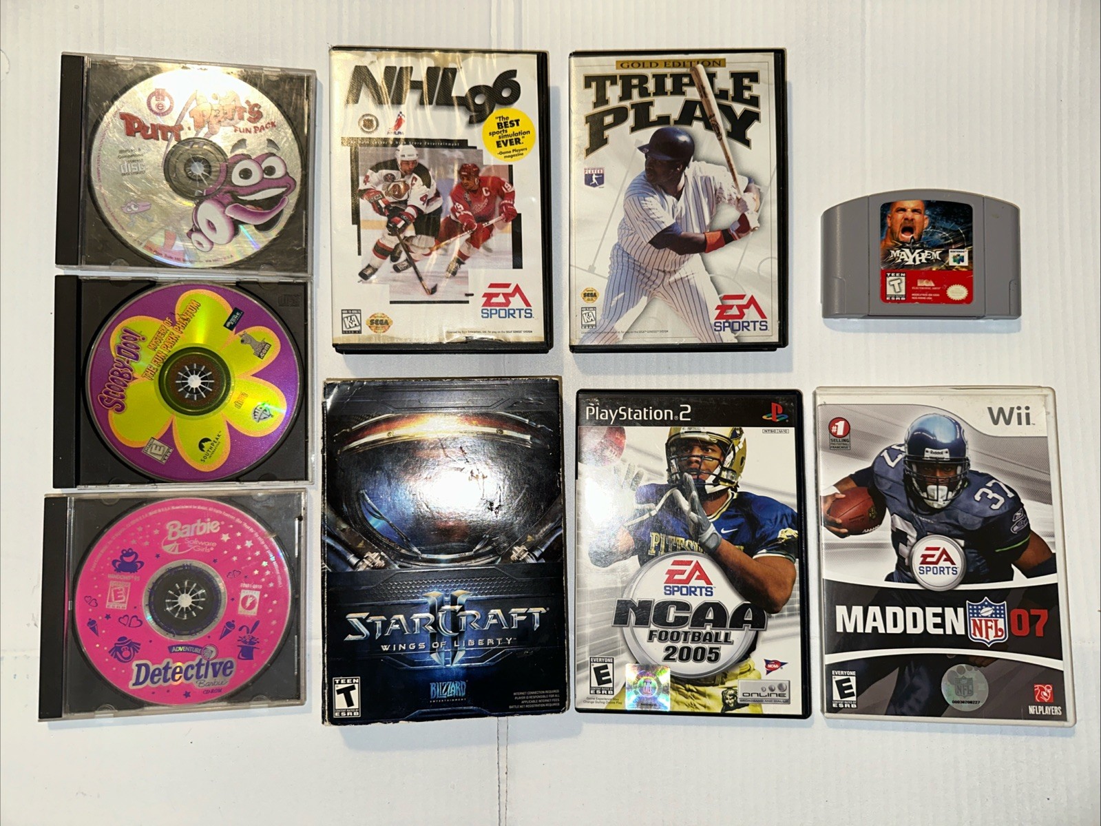 9 Video Games Lot – N64, PS2, Wii, Sega, PC-StarCraft Madden,Putt Putt,Mixed Lot