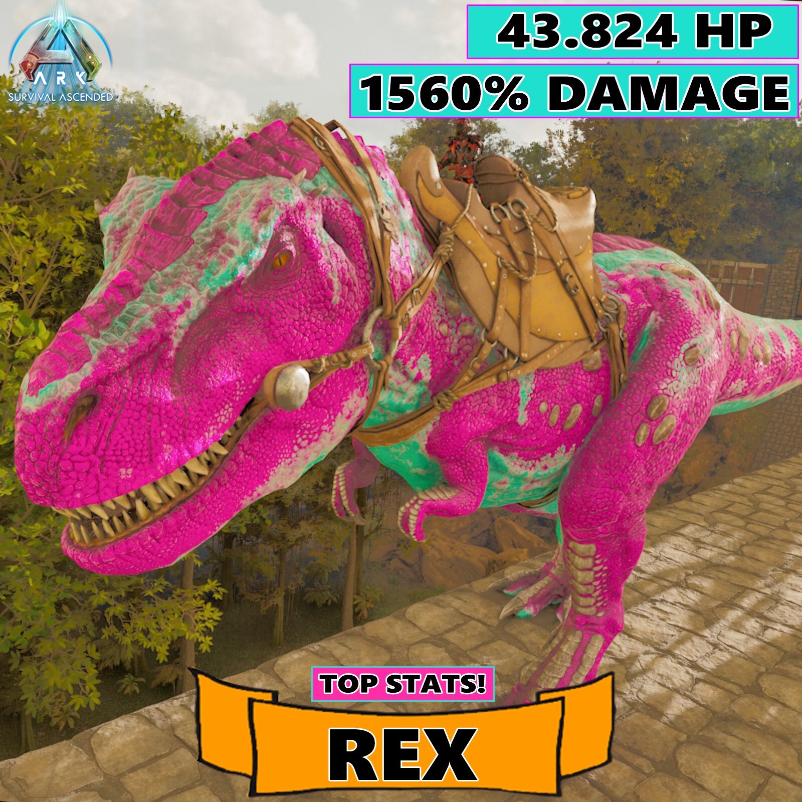 Ark Survival Ascended PC/PS5/XBOX PVE🔥Top Stats REX 43k HP 1560 DM Cotton Candy