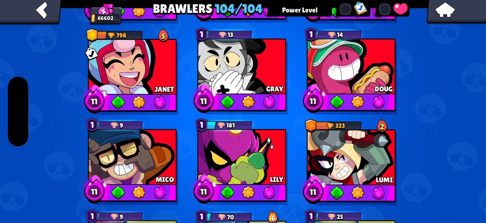 66.5K TROPHY/61Max Brawler/55Hyper/ 104/104Brawler/12LEG/16Mithic/151 Epic/Cheap