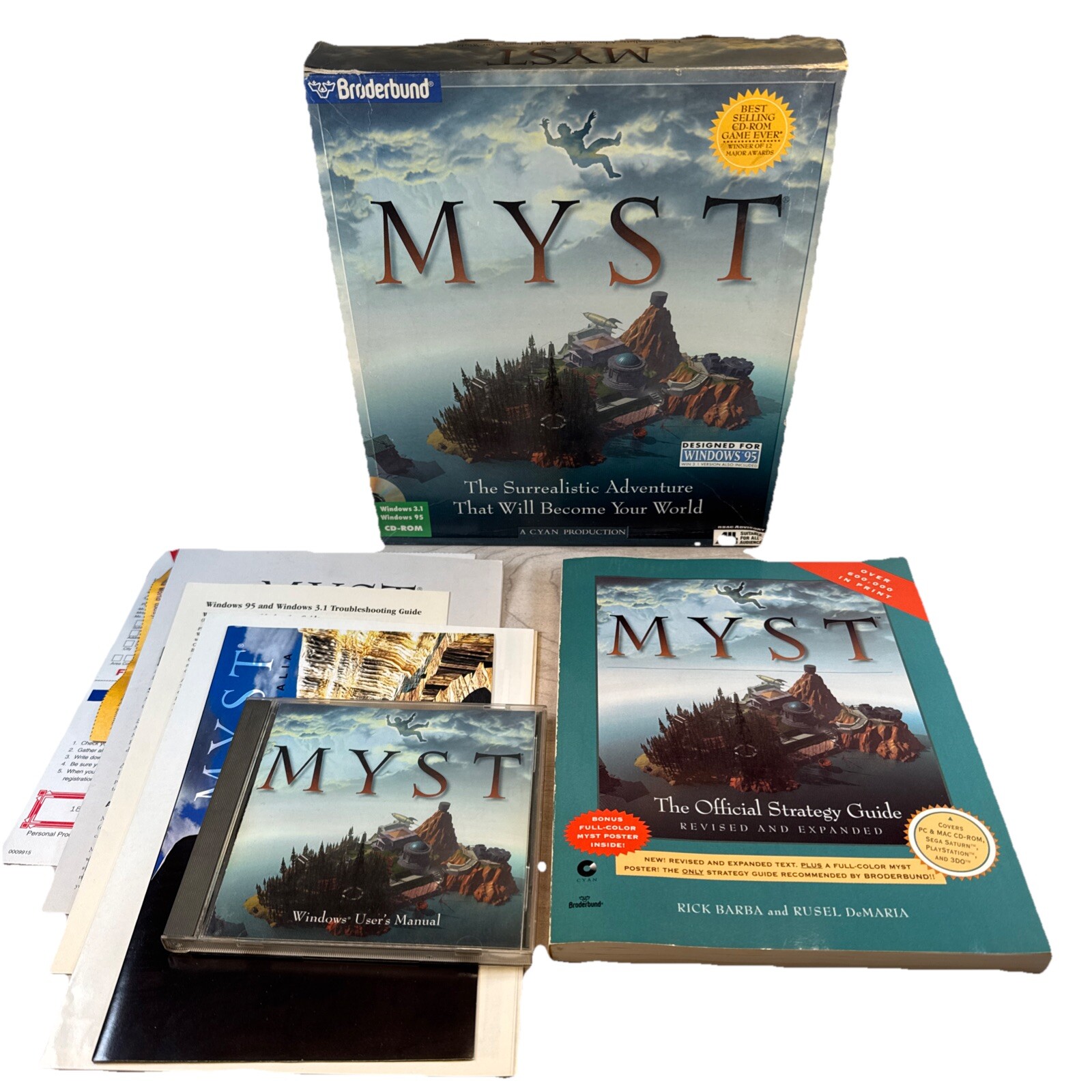 MYST Big Box PC Game 1996 Brøderbund w/ Manual Color Poster Guides Wow! CIB EUC