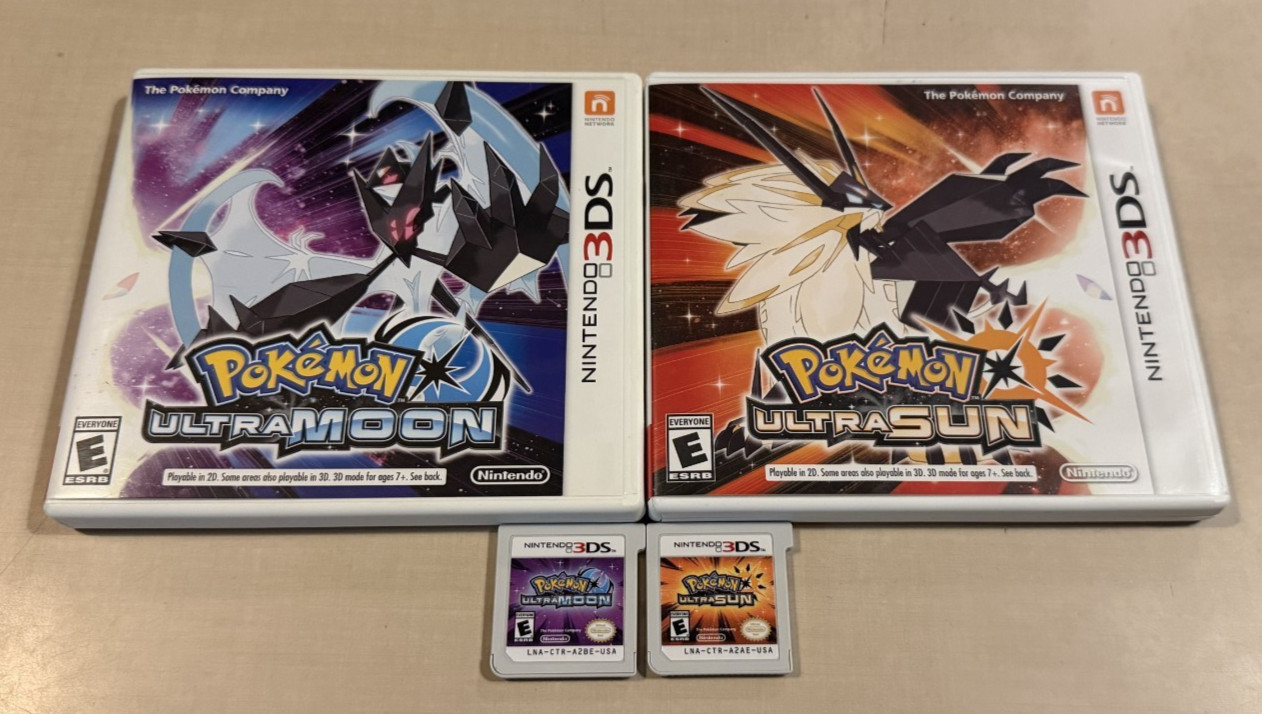 Nintendo 3DS Pokemon Game LOT (2) Ultra Sun/Ultra Moon (Work w/ 2DS) TESTED