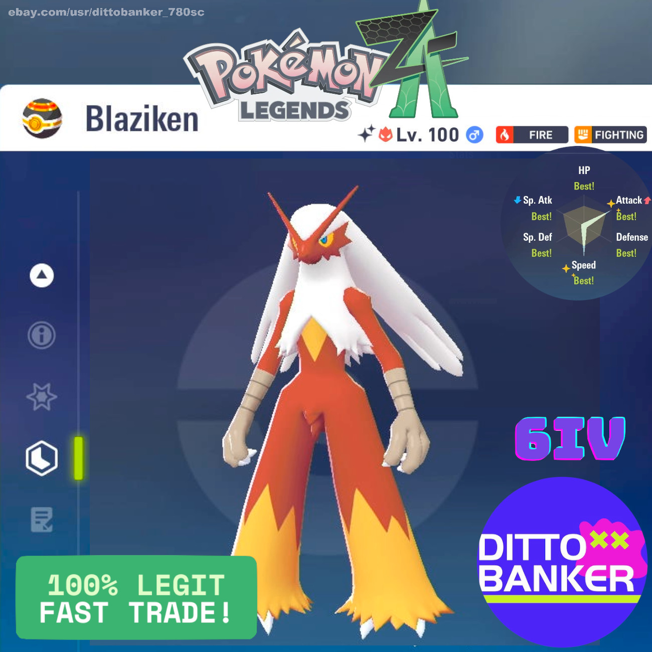 Pokemon Legends ZA ✨ SHINY Blaziken ALPHA Lv.100 Adamant/6IV MAX EV Gold Bot Cap