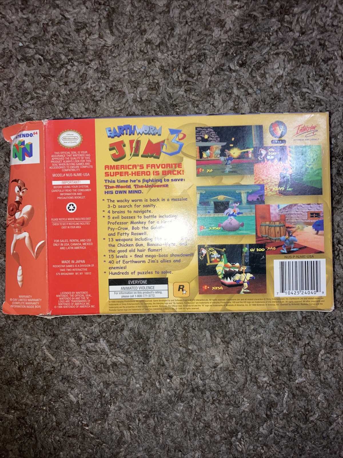 Earthworm Jim 3D Nintendo 64 N64 CIB Complete W Manual Authentic Game cartridge