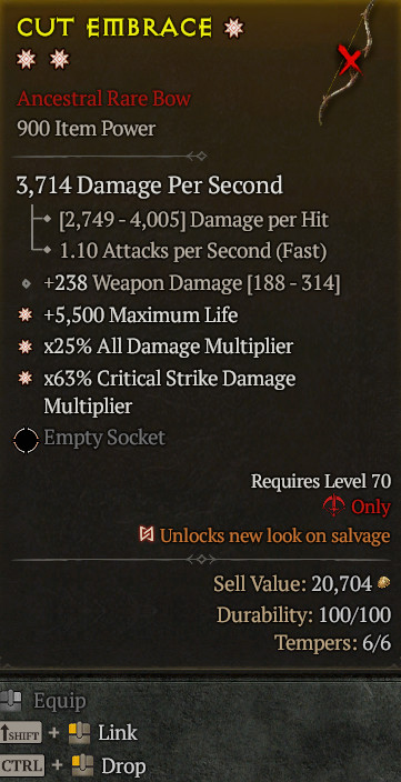 3GA Bow Max Life All Damage Critical Damage Diablo 4 S14
