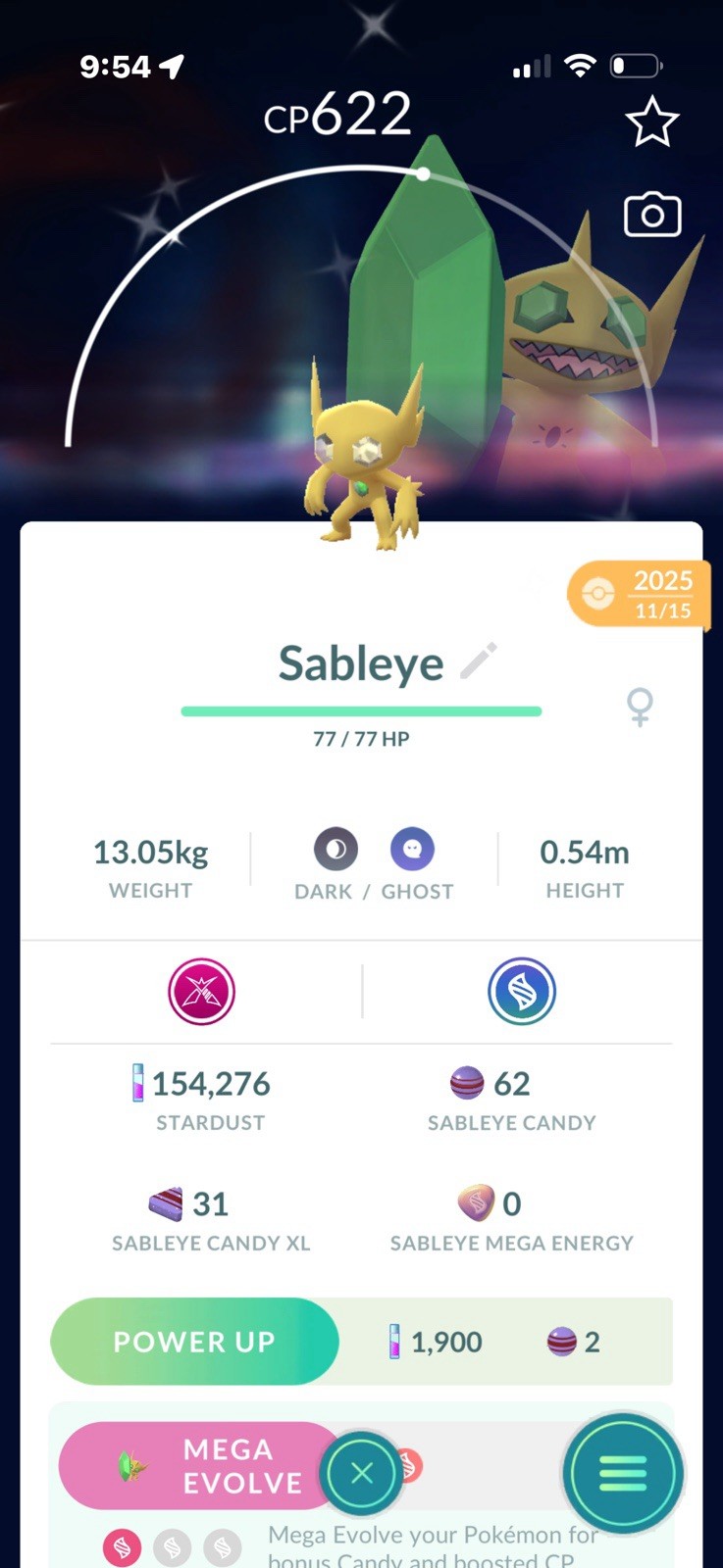 Niantic Pokémon GO Sableye Stats Screen Screenshot CP 622, Mega Evolve