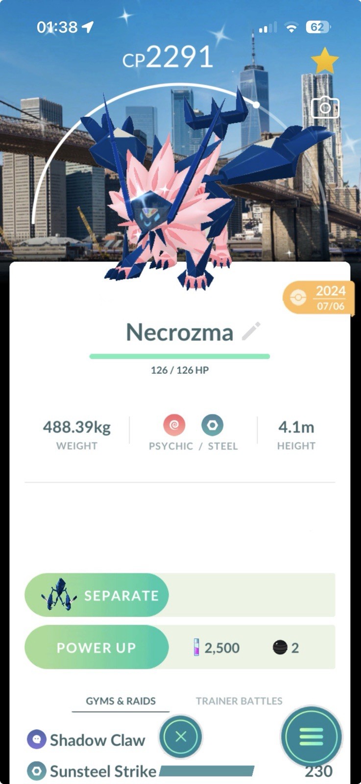 Pokemon Go Necrozma New York Background Shiny L50 + 3rd Move