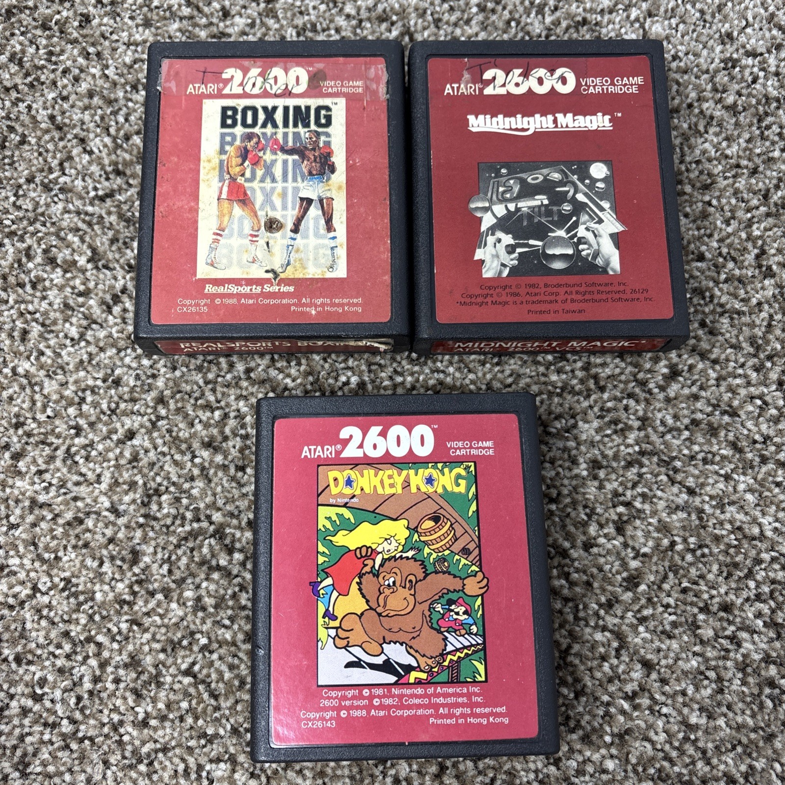 ATARI 2600 RED LABEL 3 GAME LOT Donkey Kong Real sports Boxing Midnight Tested