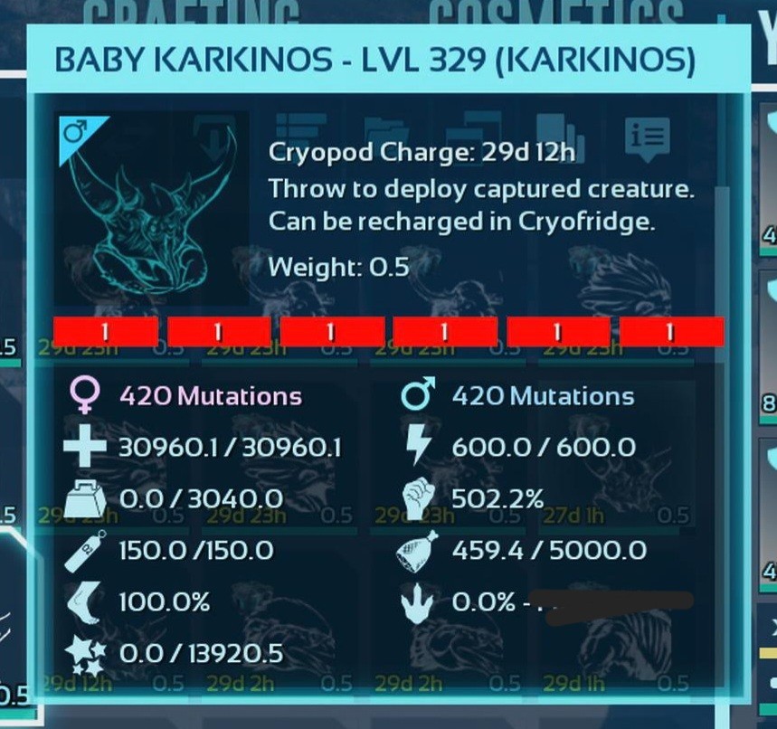 KARKINOS FULL RED ID01 PAR BABY TOP STATUS ARK ASCENDED PVE PC/XBOX/PS5