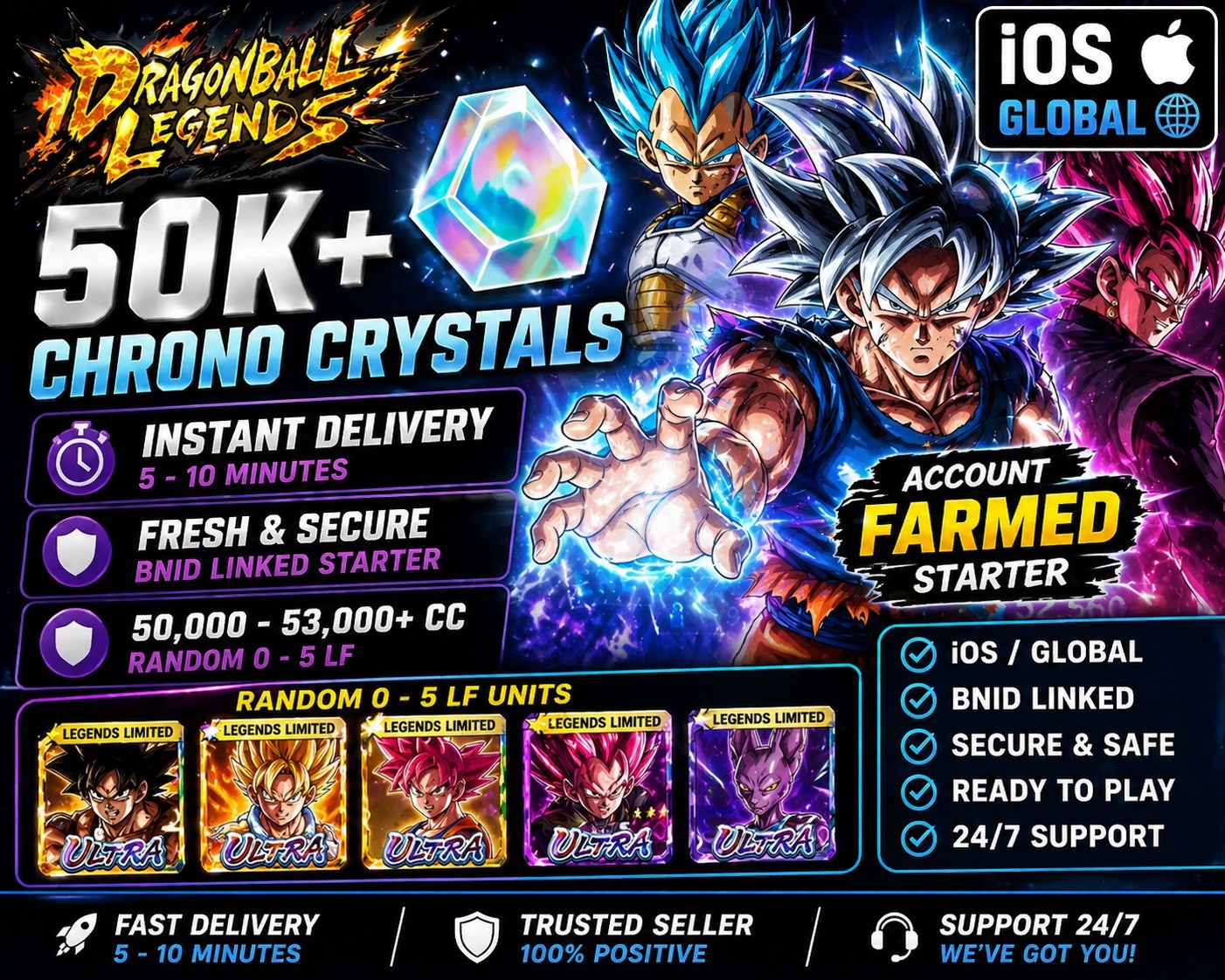 INSTANT Dragon Ball Legends 50K+ CC iOS Global Account | BNID Starter |