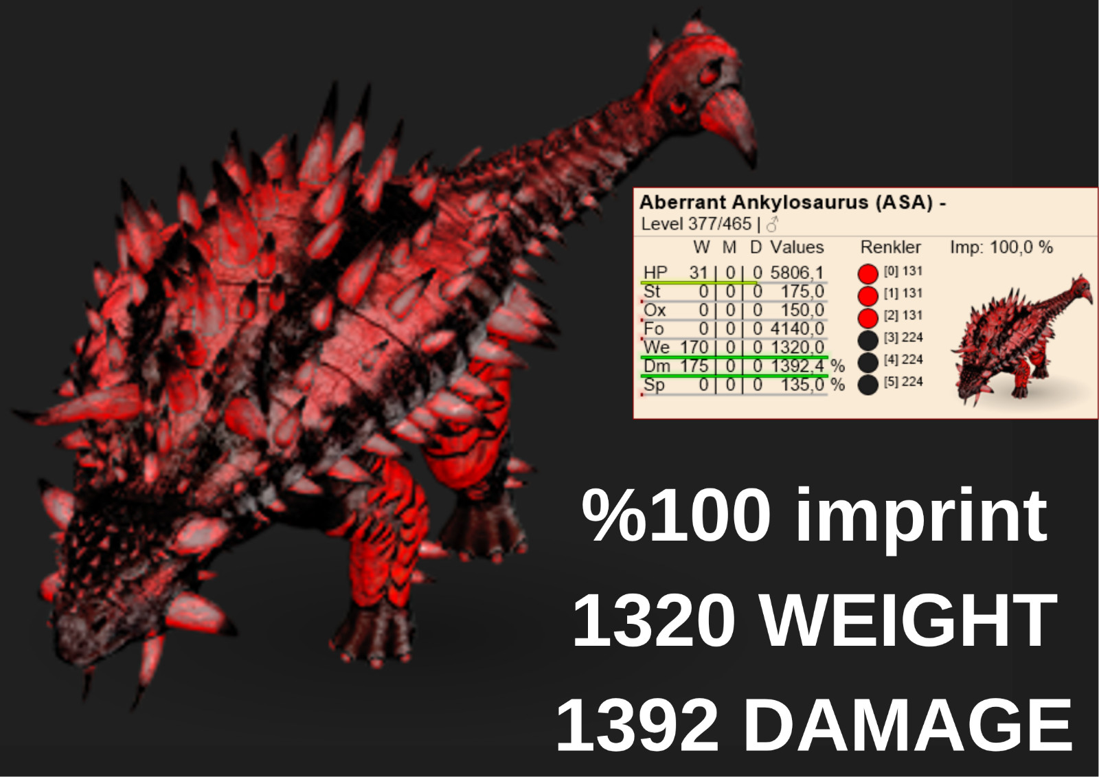 Aberrant Ankylosaurus 1320 WEIGHT 1392 DAMAGE Ark Survival Ascended Official PVE