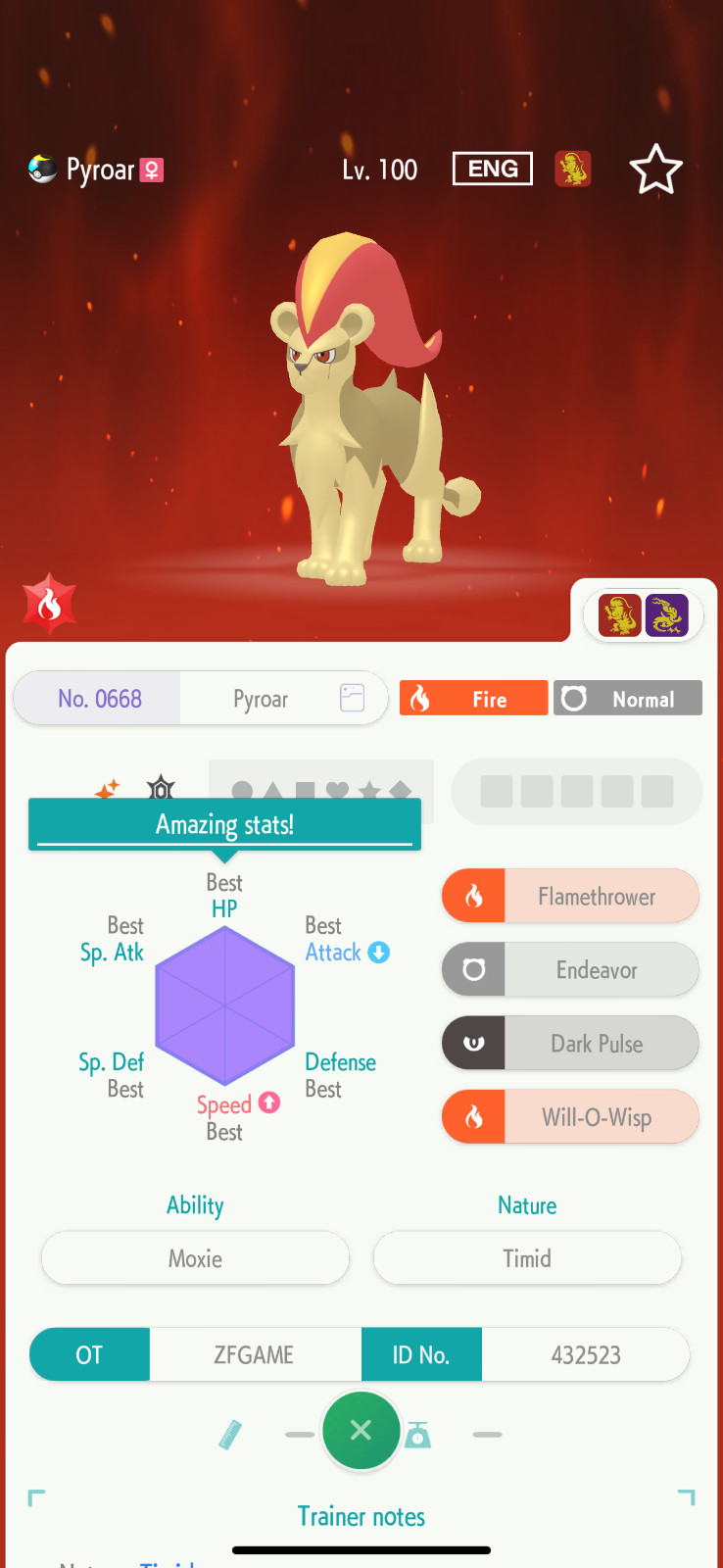 ✨6IV SHINY Pyroar Female + EVS🚀 POKEMON HOME✨Champions✨Online delivery⚡