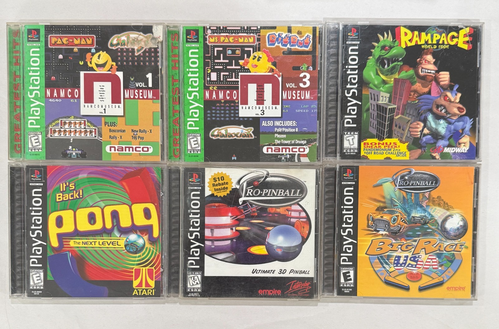 PlayStation 1 Games Lot – Rampage World Tour, Namco Museum, Pong, Pro Pinball