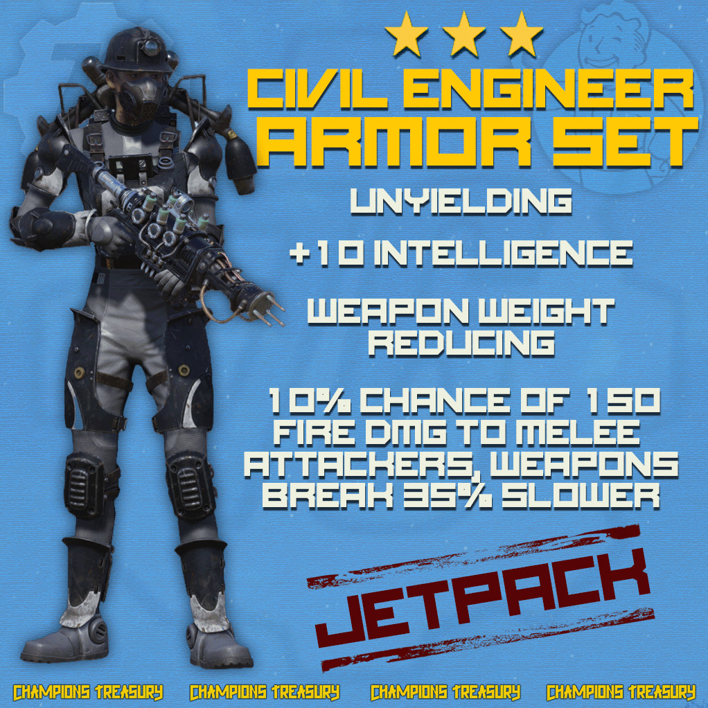 FALLOUT 76 PC CIVIL ENGINEER ARMOR SET UNYIELDING +10 INTELLIGENCE ARMS KEEPER