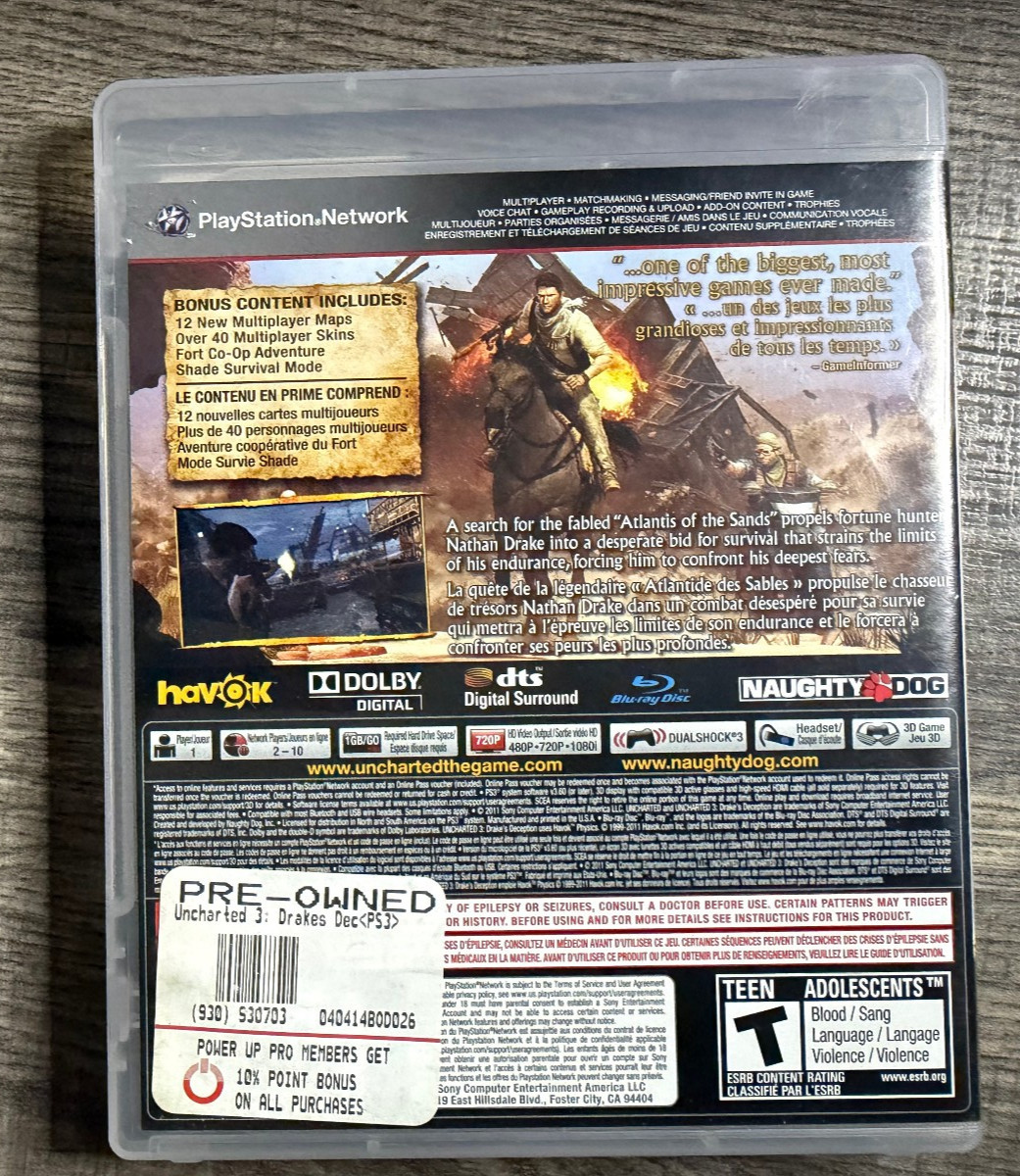 Uncharted 3: Drake’s Deception – Sony PS3 – Naughty Dog – Acceptable Condition