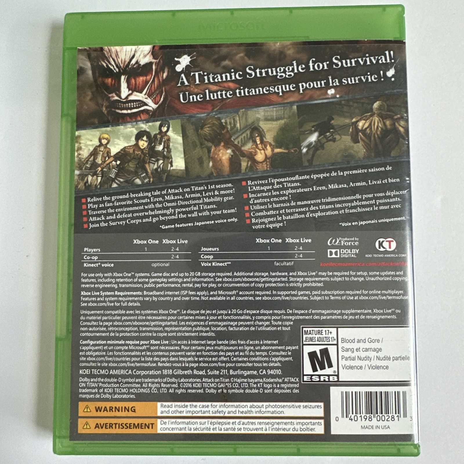 Attack on Titan (Microsoft Xbox One, 2016) – Fast Free Shipping