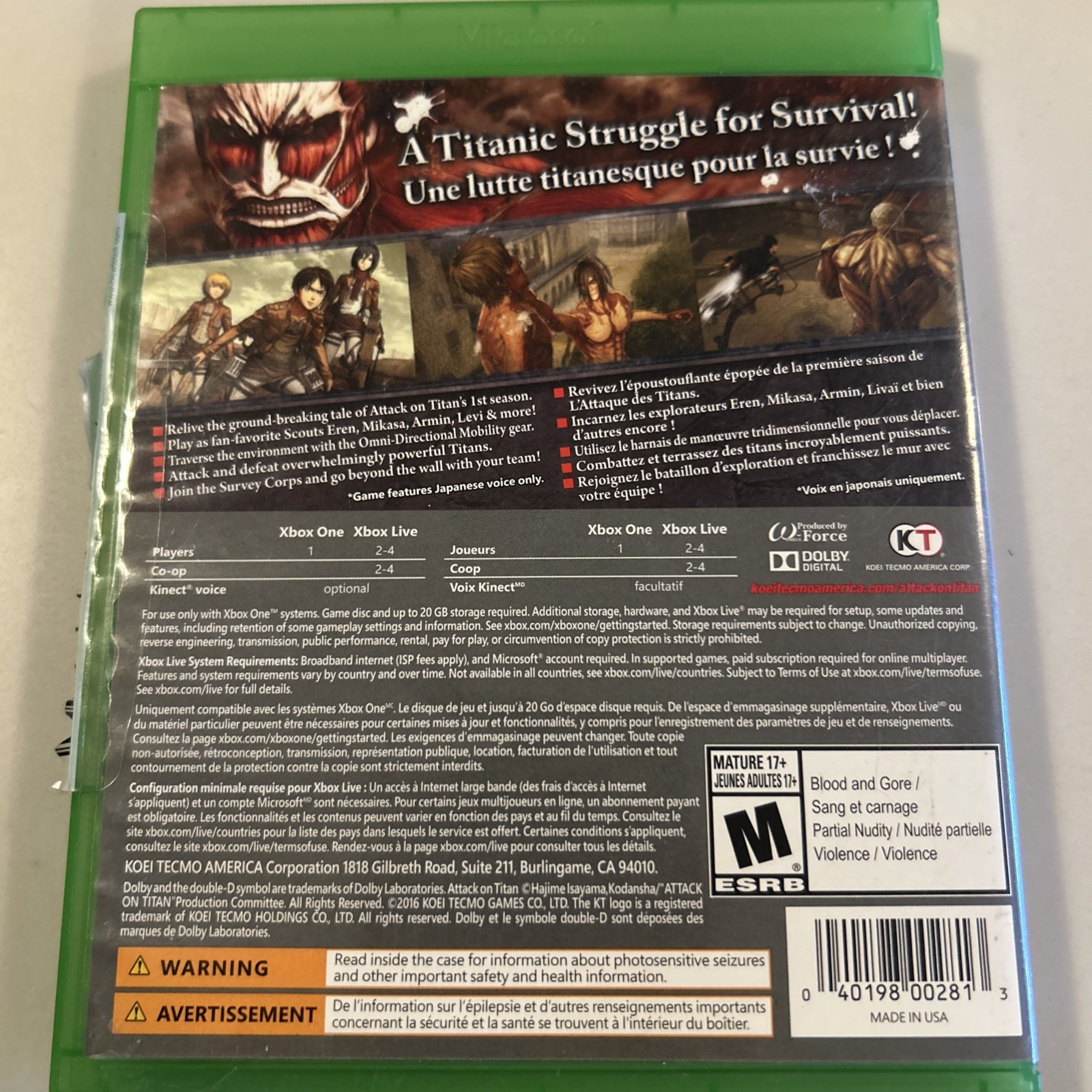 Attack On Titan Microsoft Xbox One Action Adventure Anime Game CIB