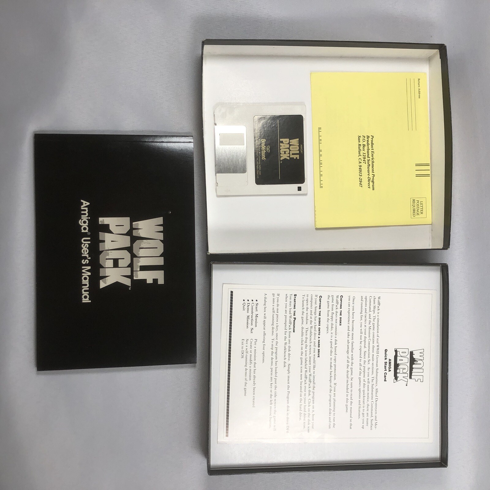1990 WOLF PACK Brøderbund NovaLogic Big Box Commodore Amiga Naval Strategy Game