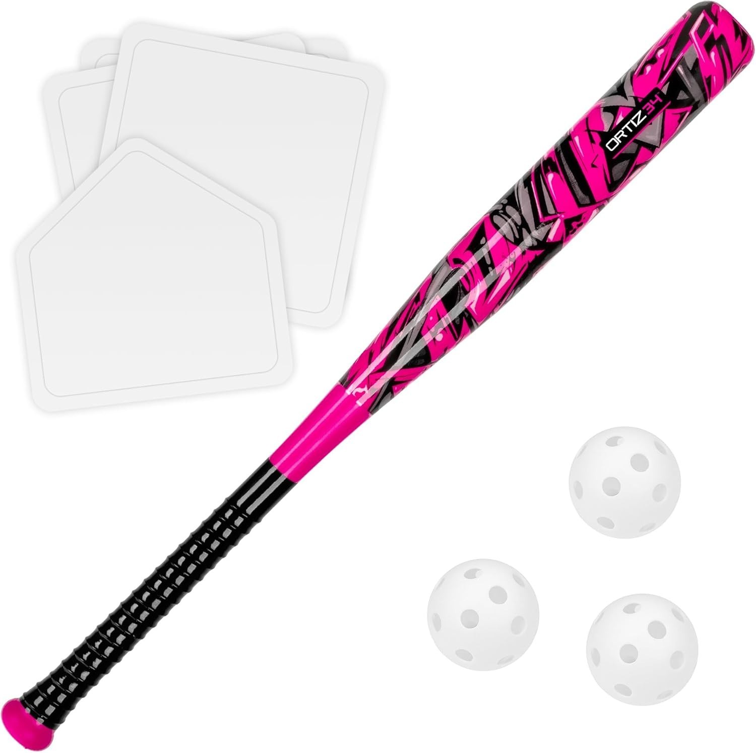 Complete Baseball Set with 29 Inch Bat Pink Plastic and Three Balls Included