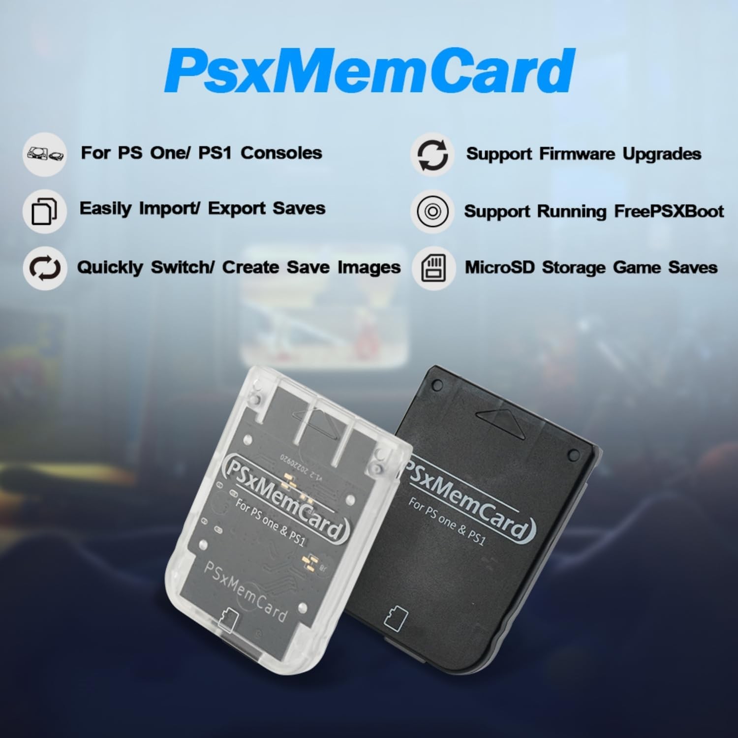 BITFUNX PSxMemCard PS1 Memory Card – Supports Firmware Upgrade, Tran-White