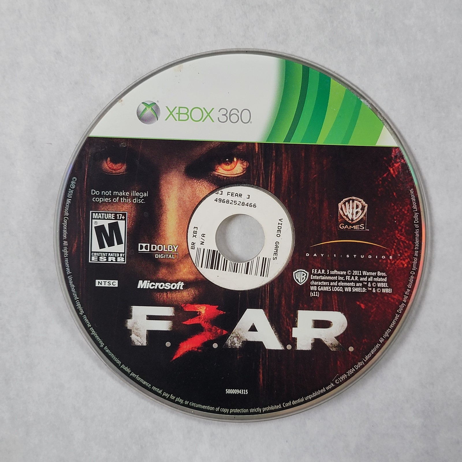 F3AR Fear 3 Microsoft Xbox 360 Loose Disc WB games