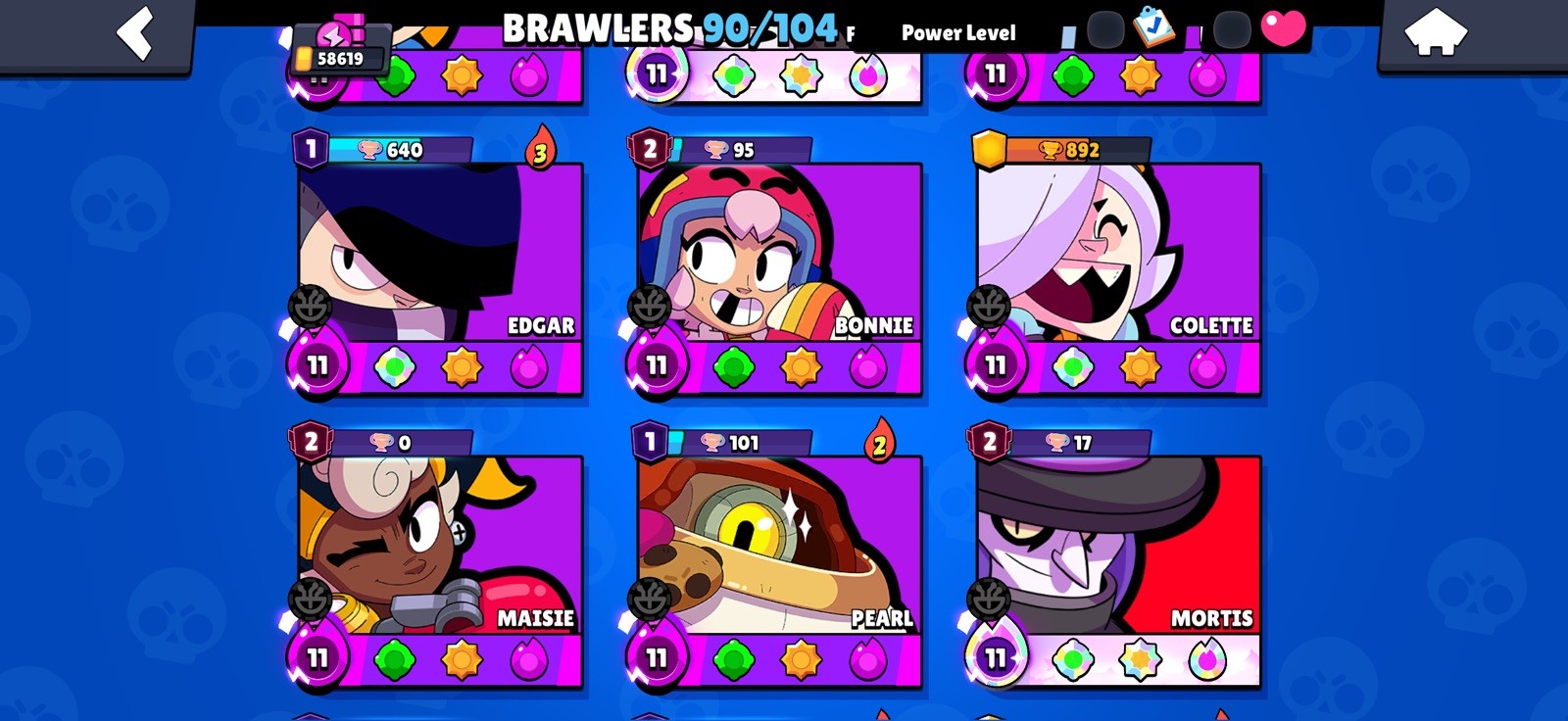 58.6K TROPHY/30Max Brawler/24Hyper/ 90/104Brawler/3 LEG/11 Mithic/51 Epic/Cheap