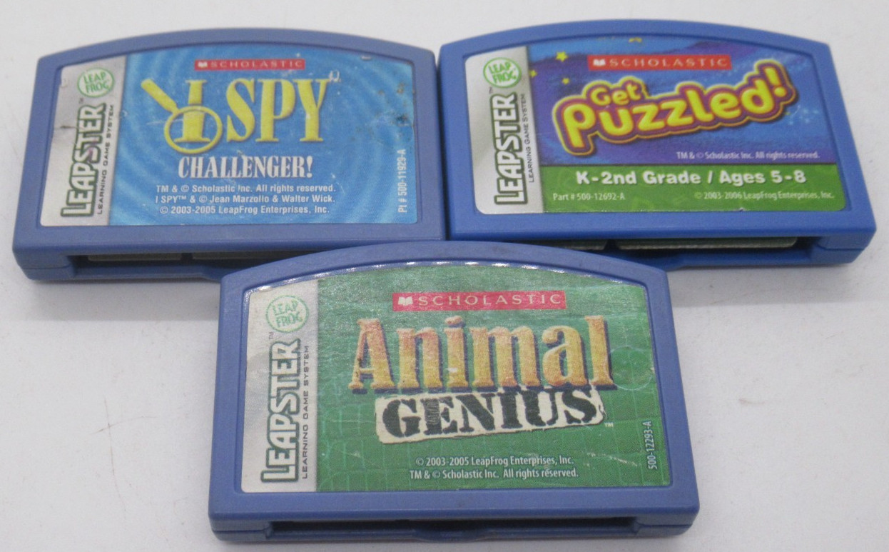 LEAP FROG – LEAPSTER: 3 LEARNING GAME LOT, GET PUZZLED/ANIMAL GENIUS/I SPY CHALL